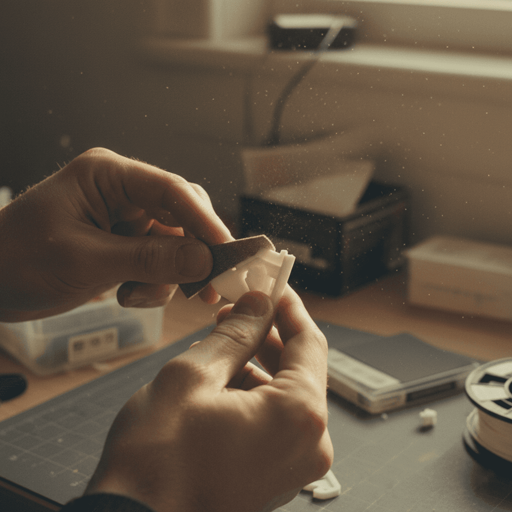 Hands finishing 3D printed part with fine sandpaper