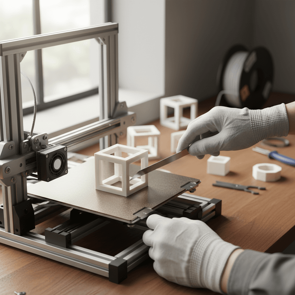 Finished 3D printed part being removed from printer build plate