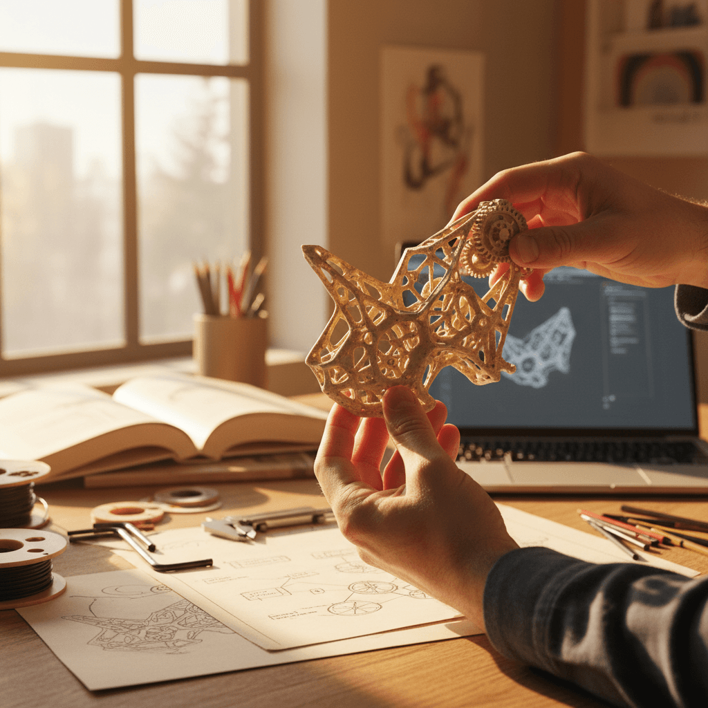 Designer examining a detailed 3D-printed prototype part