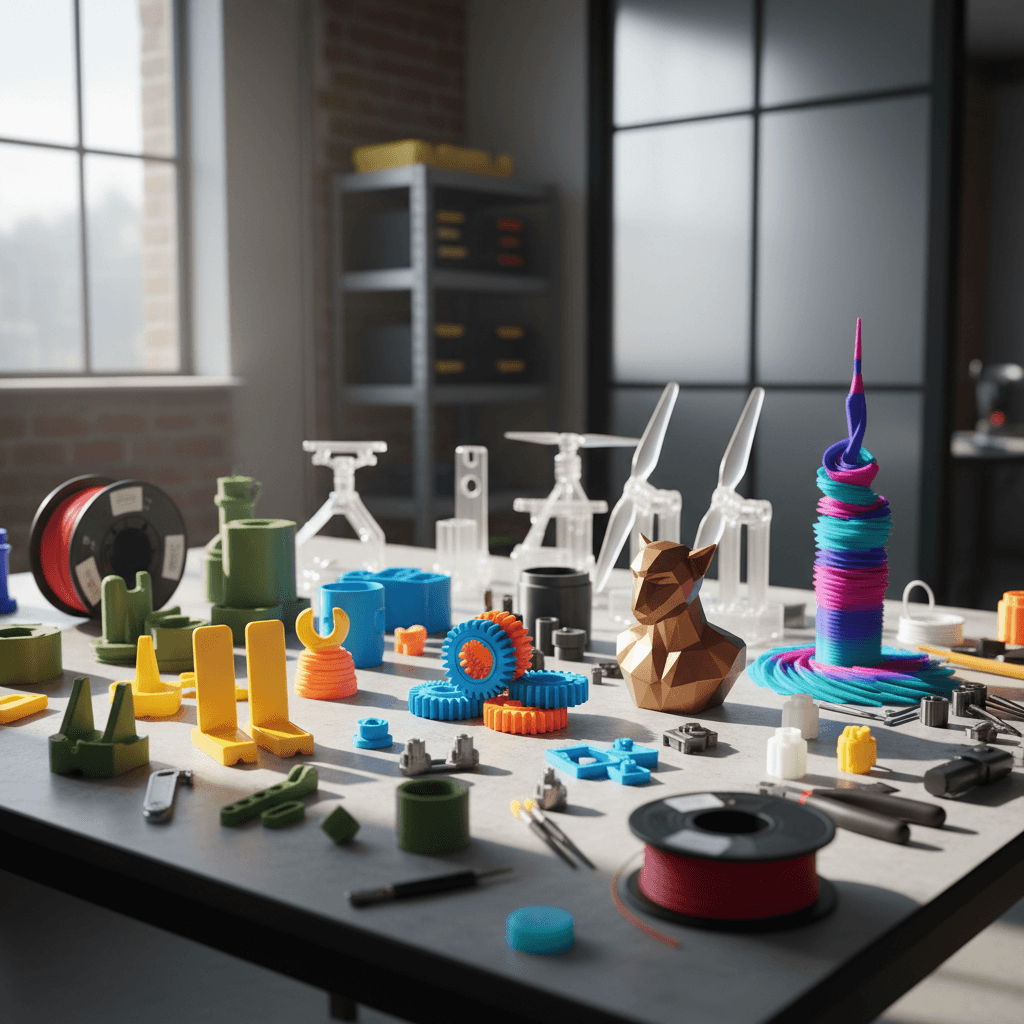 Array of completed 3D-printed parts in various colors and applications