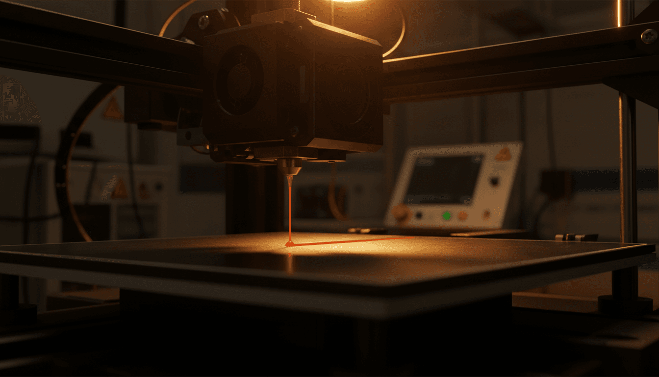 3D printer nozzle actively extruding filament during production