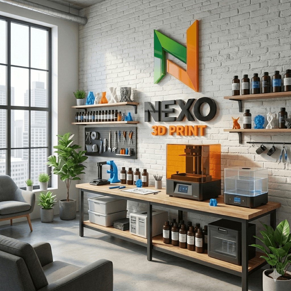 Nexo 3D Print studio featuring resin printers, tools, and supplies against a brick wall.
